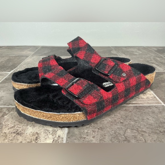 BIRKENSTOCK ARIZONA SHEARLING WOOL PLAID RED SANDALS. - Picture 2 of 6